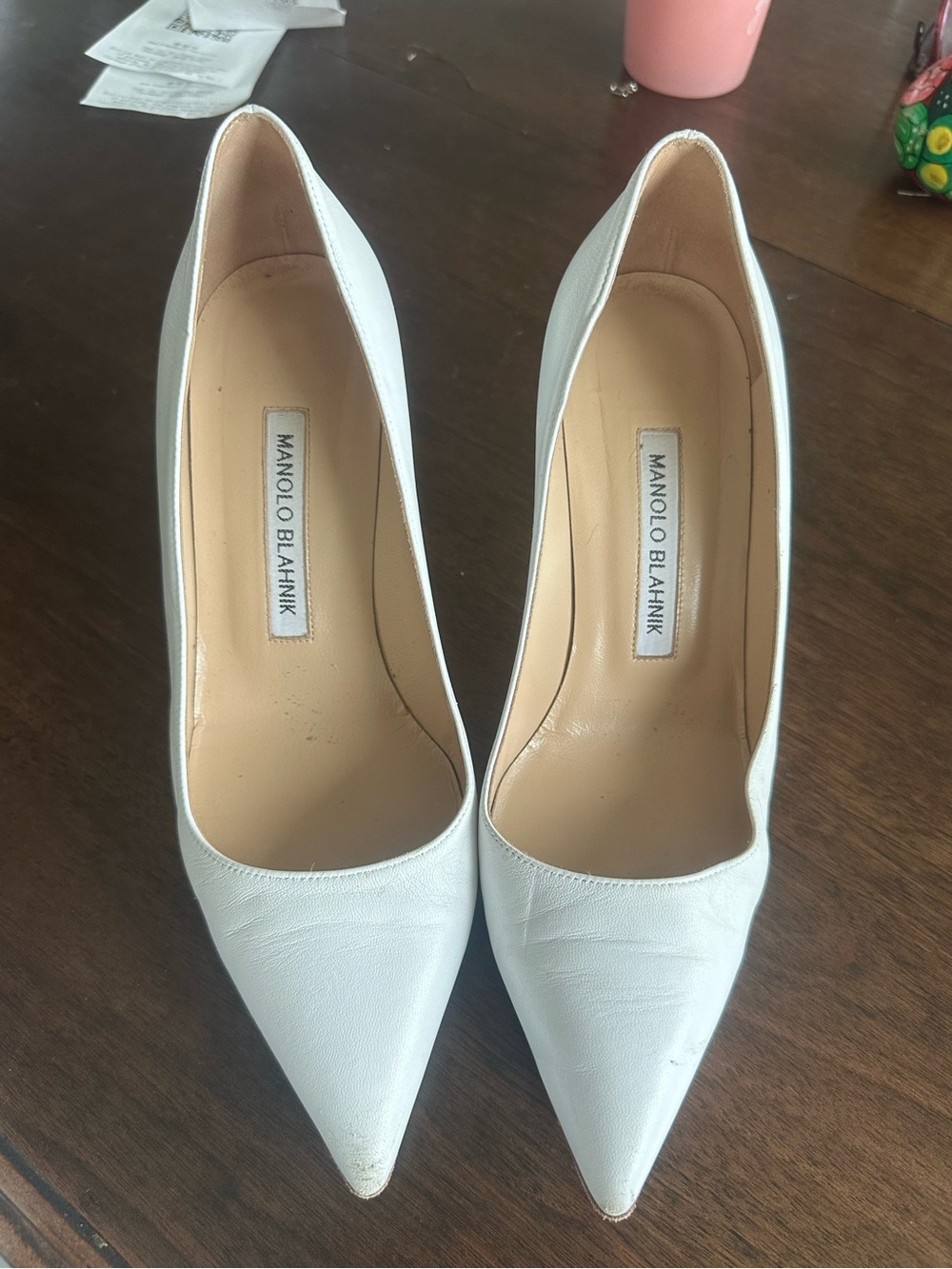 Manolo Blahnik White Leather Pointed Toe Pumps